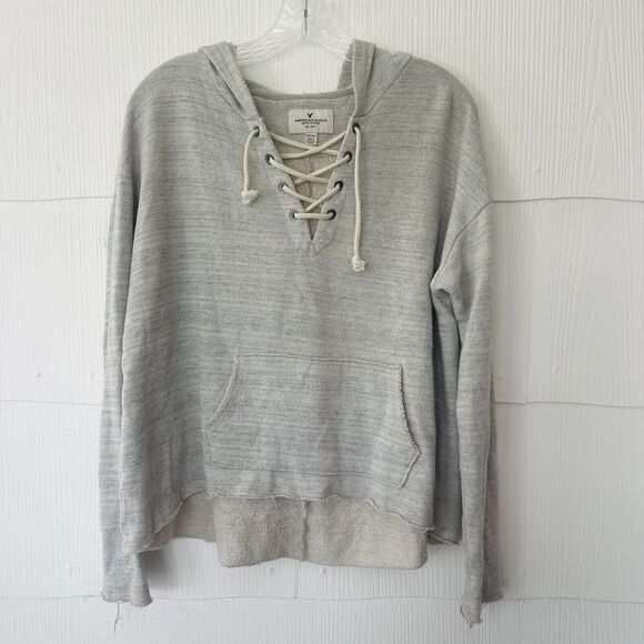 American Eagle Outfitters Sweaters - American Eagle Gray Sweatshirt Womens Small Lace Up Hoodie Relaxed Fit Pullover